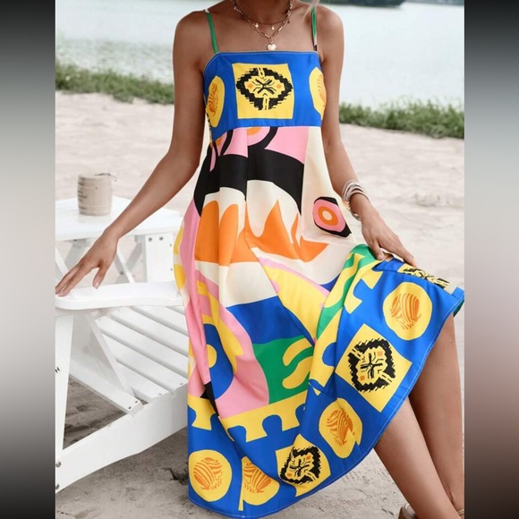 New Vibrant Abstract Geo Print Smocked Shirred Back Cami Dress - Picture 4 of 7